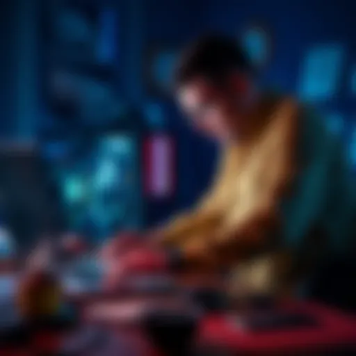 A man examining PC components at a desk with a laptop open, considering current needs for building a computer.