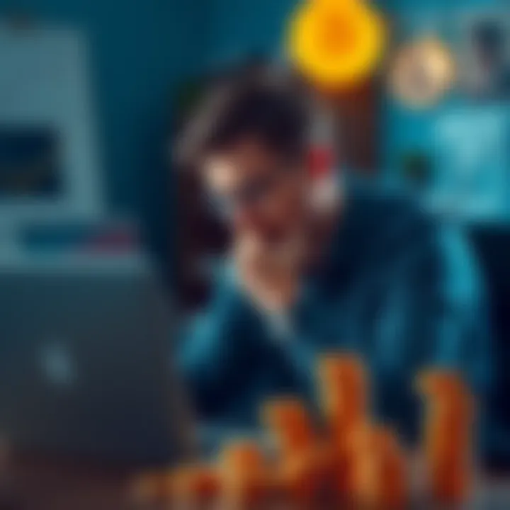 A man sits at a desk with a laptop open, looking thoughtfully at charts related to cryptocurrency, while a stack of coins is nearby, showing his obsession with stacking sats.