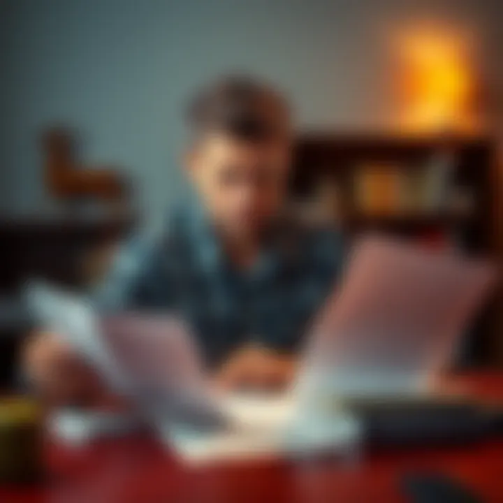 A man sitting at a table with a Bitcoin ledger and a seed phrase, looking concerned as he reviews documents related to his father's estate.