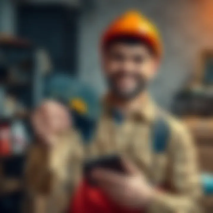 A worker joyfully showing gift cards along with a Bitcoin wallet, symbolizing the transition from cryptocurrency to everyday purchases.