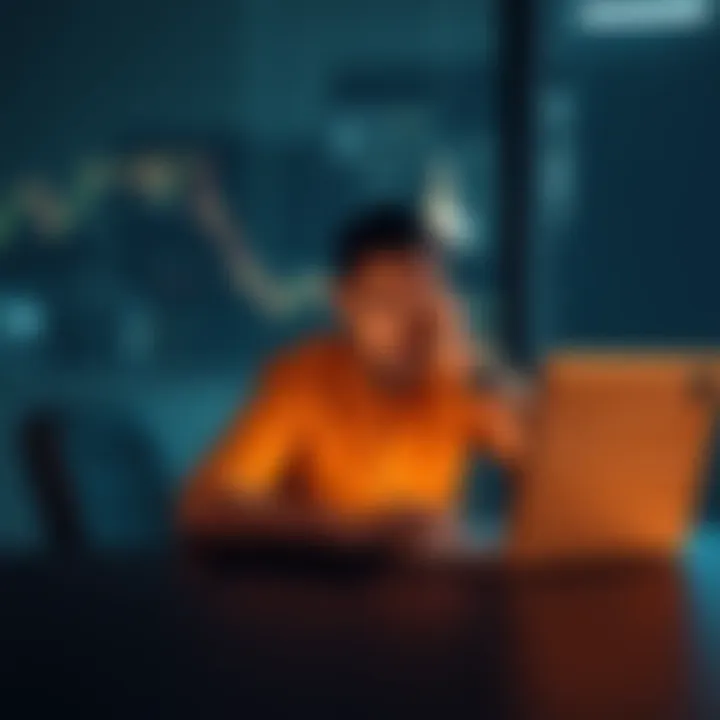 A man sitting at a table with a laptop, showing a sad expression as he looks at a declining cryptocurrency graph on the screen, reflecting his financial loss from Shiba coin investment.