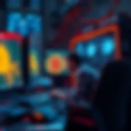 A man sitting in front of multiple computer screens, focused on mining Bitcoin, surrounded by computer hardware and wires from 2013 era.