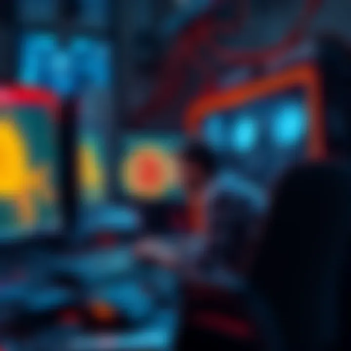 A man sitting in front of multiple computer screens, focused on mining Bitcoin, surrounded by computer hardware and wires from 2013 era.