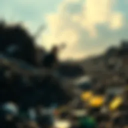 A man in a landfill searching for lost bitcoins with a shovel, surrounded by debris and trash