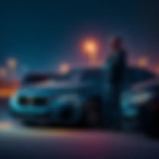 A man stands next to his BMW, looking worried about his investment in AVAX after selling his car to buy more cryptocurrency.