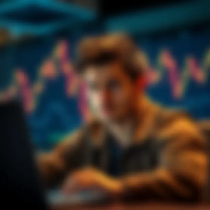 A young man looking stressed while selling his investments on a laptop, with fluctuating graphs in the background.
