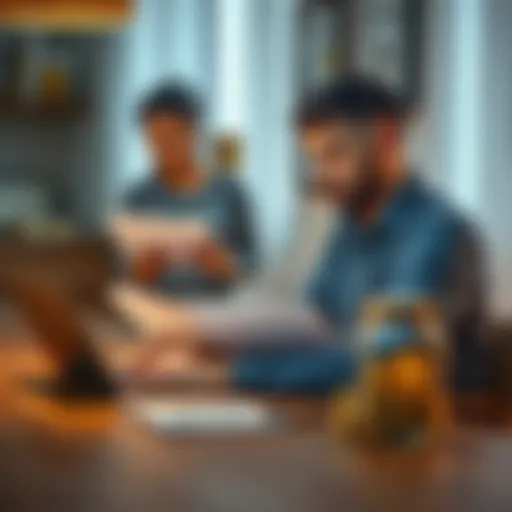 A young man sits at a table with a laptop open, looking at Bitcoin graphs and a house plan while his wife stands nearby, holding a savings jar.