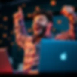 A man joyfully celebrating the recovery of his Bitcoin funds, with a laptop displaying Bitcoin graphics in the background.