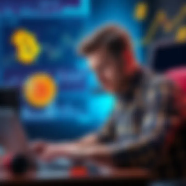 A Canadian man looks worried while calculating his Bitcoin gains and tax responsibilities in front of a laptop, with charts and dollar signs visible.