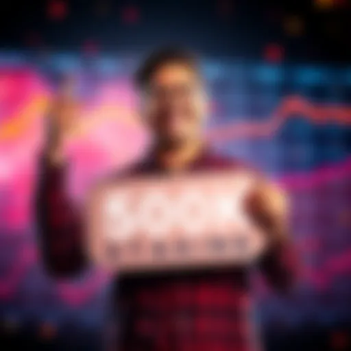 A man with a big smile holding a sign that says 500,000 flare tokens, surrounded by financial charts and graphs indicating investment growth.