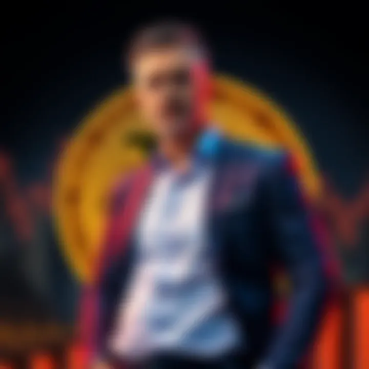 Man claiming to be Bitcoin CEO A man standing confidently with a Bitcoin logo behind him, dressed in business attire, symbolizing a controversial figure in the crypto world.