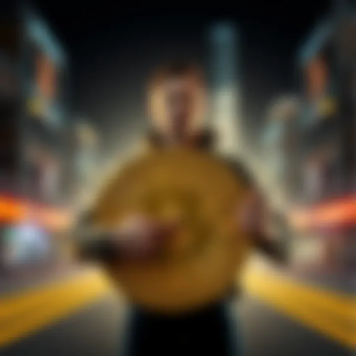 Man holding Bitcoin symbol A man stands confidently holding a large Bitcoin symbol, representing his decision to invest all his belongings in cryptocurrency.