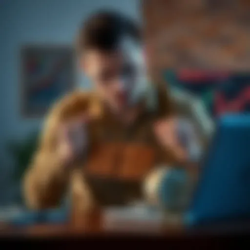 A German man looks distressed while holding an empty wallet, symbolizing the loss of his 2 BTC. He sits at a table with a laptop, looking at cryptocurrency charts.