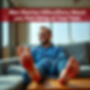 A man sitting on a couch, smiling and looking at his own feet with a humorous expression, showcasing his quirky dislike for them.