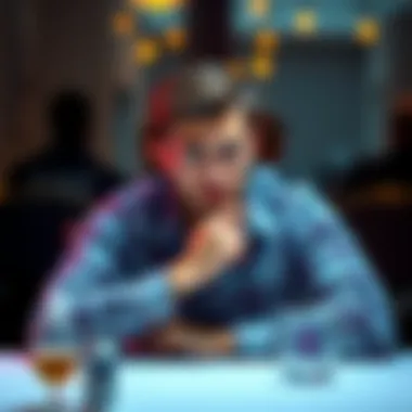 A man sits at a table with a worried expression, contemplating whether to disclose his Bitcoin wealth while discussing a prenup with his girlfriend.