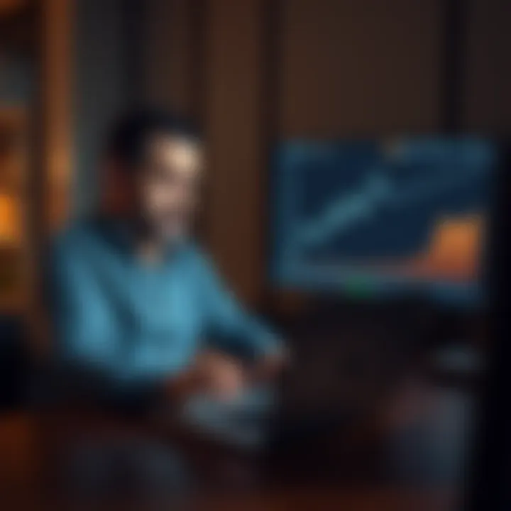 Man reflecting on traditional investments A man sitting at a table looking at a laptop with a worried expression, contrasting his steady 401k savings with a friend's crypto losses, as a graph showing a downward trend is visible on the screen.