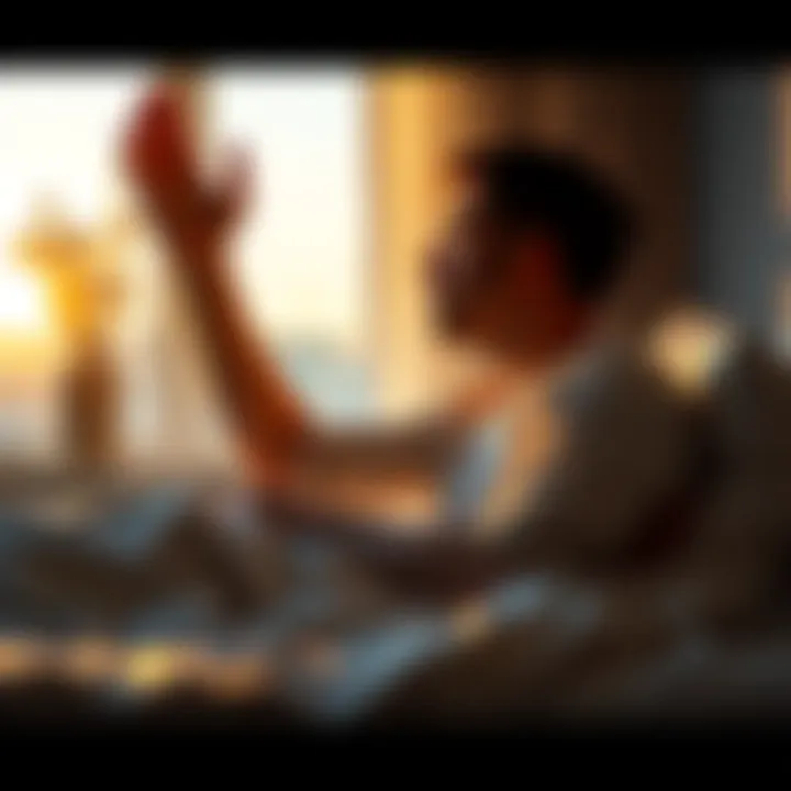 A man stretching in bed during morning light