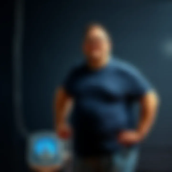 A 29-year-old man smiles proudly after losing weight, standing next to a scale showing his new weight.