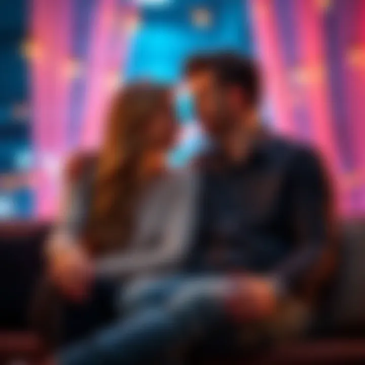 A couple sitting close together, smiling and looking into each other's eyes, representing intimacy and connection
