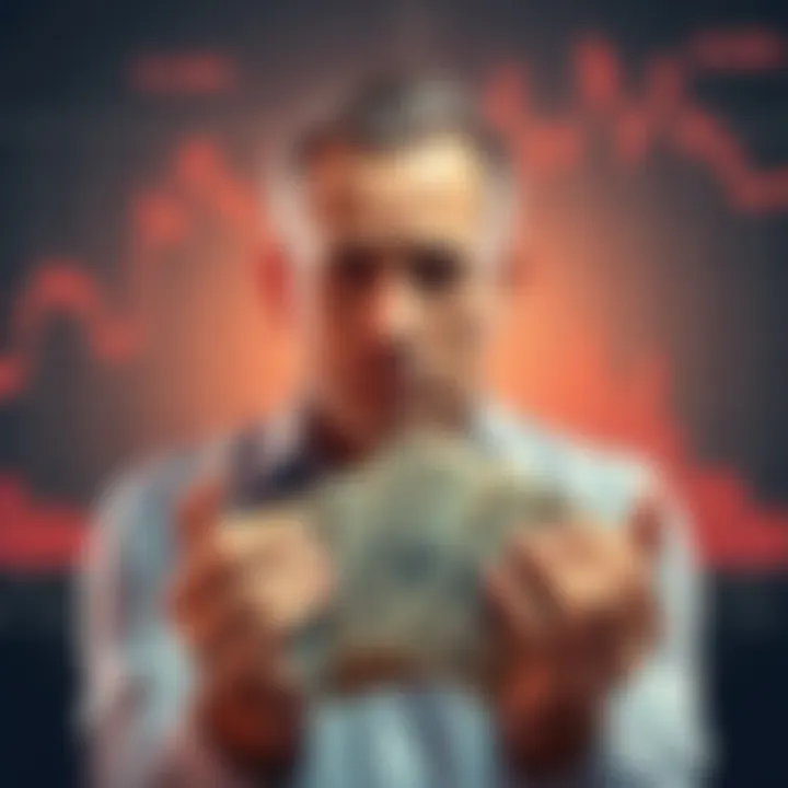 A man with a worried expression holds his head in his hands, surrounded by charts showing a decline in cryptocurrency values, symbolizing financial loss.