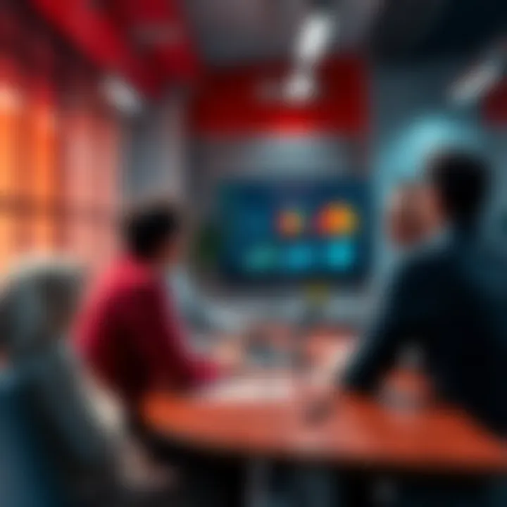 A group of managers in a meeting room discussing the visibility of focals, looking at a presentation on a screen