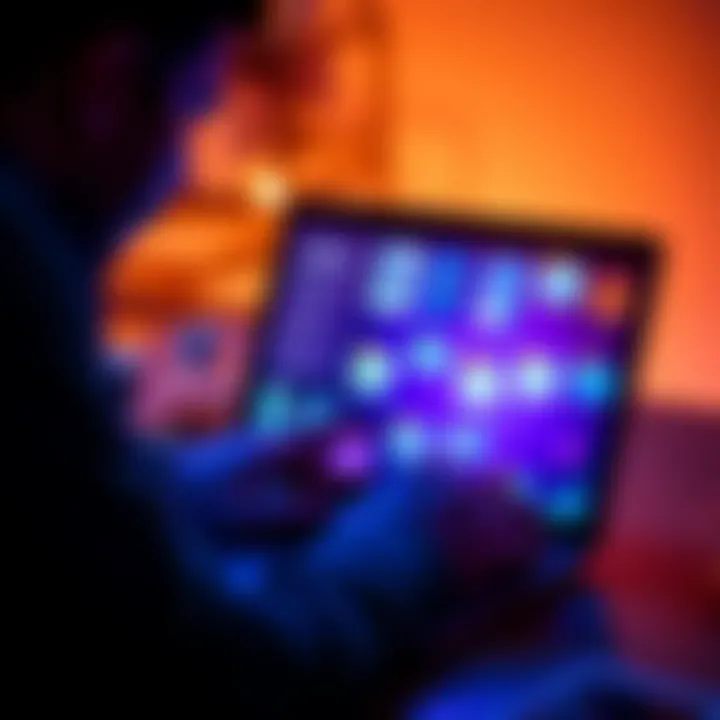 A person organizing digital files on a laptop, with folders and icons representing digital purchases displayed on the screen.