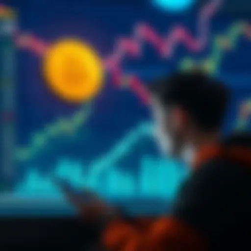 A person looking at their savings options, contemplating Bitcoin and traditional banking risks, with financial charts in the background.