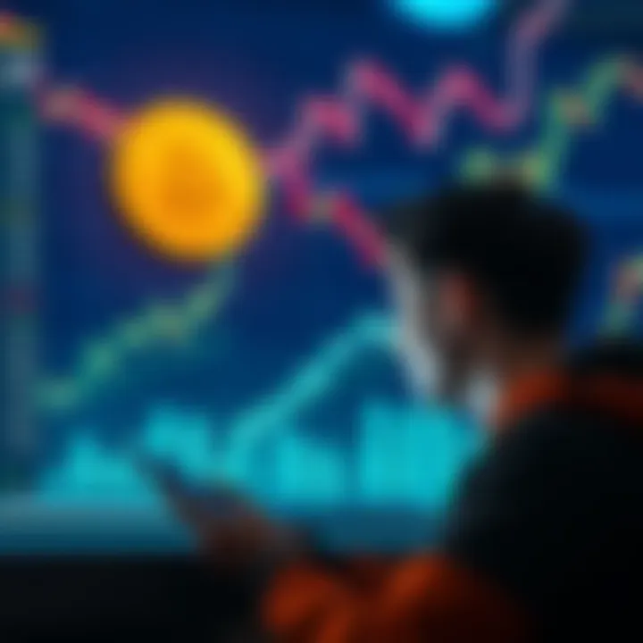 A person looking at their savings options, contemplating Bitcoin and traditional banking risks, with financial charts in the background.