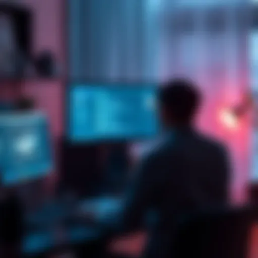 A person sitting at a desk, looking at a computer screen while managing digital security settings after a personal loss
