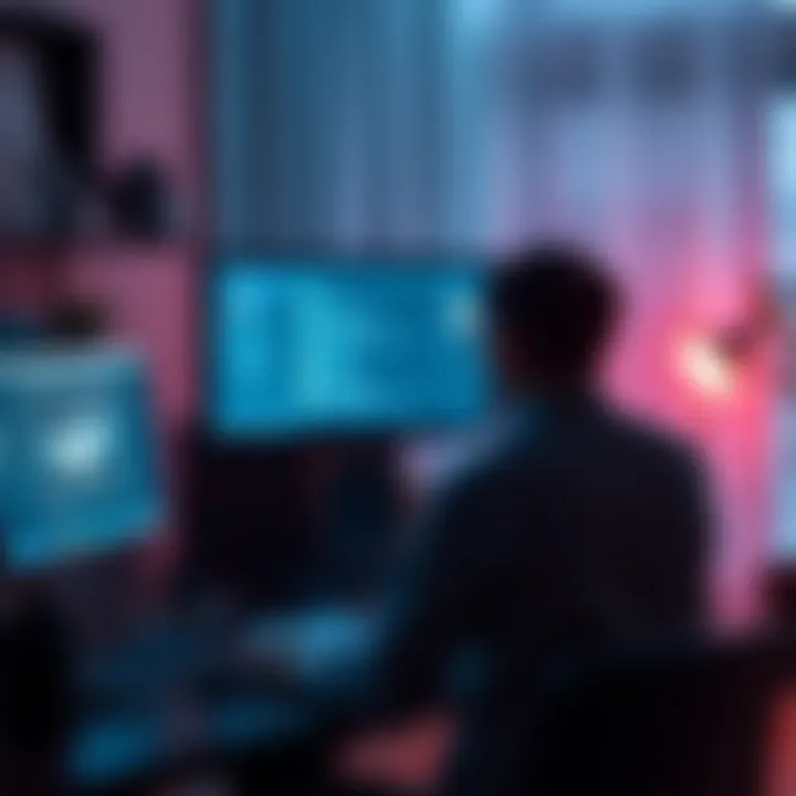 Person Managing Security Settings on a Computer A person sitting at a desk, looking at a computer screen while managing digital security settings after a personal loss
