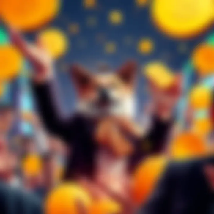 Marco showcasing his $30 billion Dogelon investment surrounded by excited people and Dogelon symbols