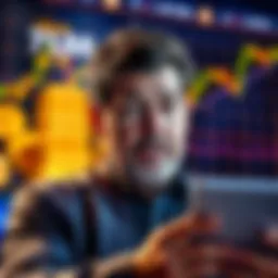 Mark Cuban looks concerned while reviewing Bitcoin charts with gold bars in the background, reflecting his recent decision to sell most of his crypto holdings.
