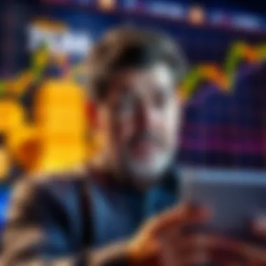 Mark Cuban looks concerned while reviewing Bitcoin charts with gold bars in the background, reflecting his recent decision to sell most of his crypto holdings.