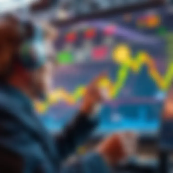 A market analyst points at a chart showing Bitcoin's downward trend, suggesting potential bottom levels in the cryptocurrency market.