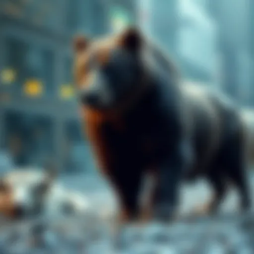 A bear representing a bearish market trend stands tall while a bull fades away in the background, symbolizing a market shift.