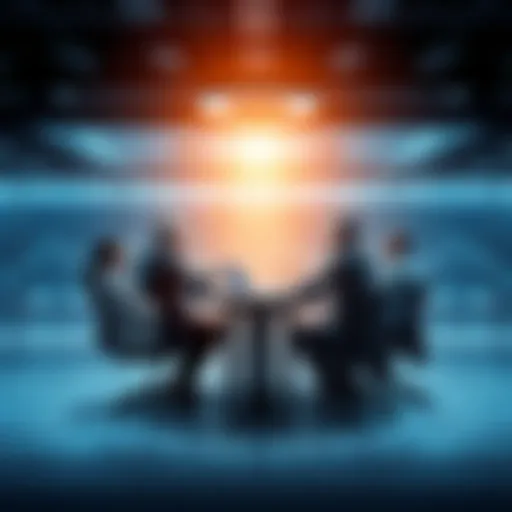 A group of analysts and people discussing market trends and forecasts around a table