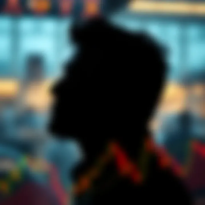 Graph showing a downward trend in the market with a silhouette of Michael Saylor in the background looking thoughtful.