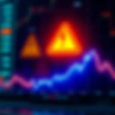 A chart showing a downward trend with the warning icon and a graph line suggesting a drop to $50k.