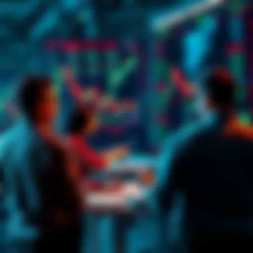 People engaging in a discussion about market trends and trading strategies with charts and graphs in the background.