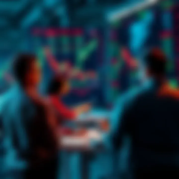 Market Insights Discussion People engaging in a discussion about market trends and trading strategies with charts and graphs in the background.