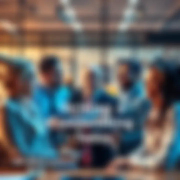 Market Leaders in Business A group of diverse professionals discussing strategies in a modern office, representing various industries and competition.