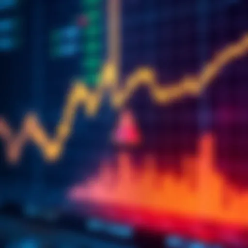 A graph showing cryptocurrency prices dropping with an alert symbol, representing forced liquidation opportunities