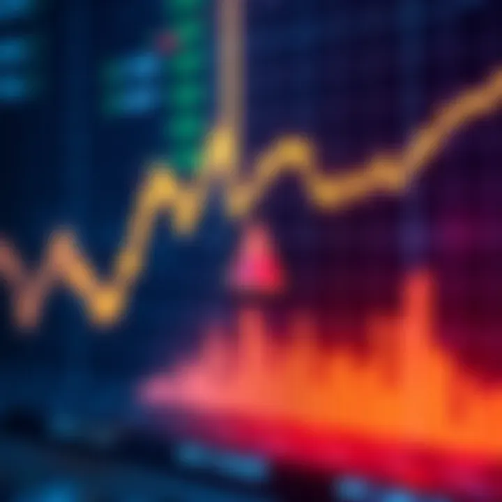 A graph showing cryptocurrency prices dropping with an alert symbol, representing forced liquidation opportunities
