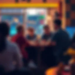 People discussing the recent market surge at a cafe with graphs on screens