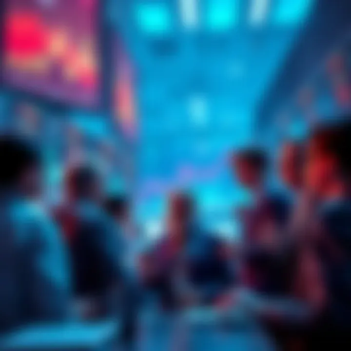 A group of traders discussing the market surge with charts and graphs in the background.