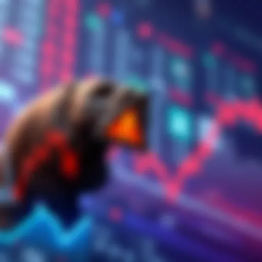 A downward graph depicting a bear market with a warning symbol, symbolizing caution for investors.