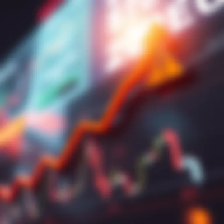 Graph showing market rise with upward arrow and warning symbol