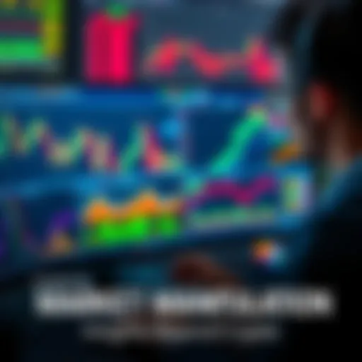 A person analyzing market trends with charts and graphs on a computer screen, highlighting various trading sectors including crypto, stocks, and commodities.