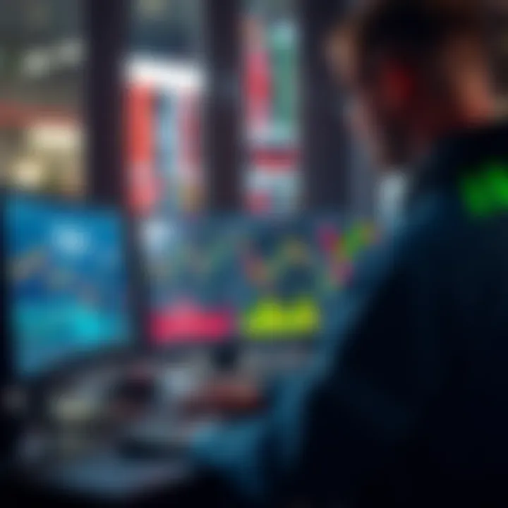 A trader analyzing data on three computer screens showing Finviz, CoinGlass, and TradingView charts