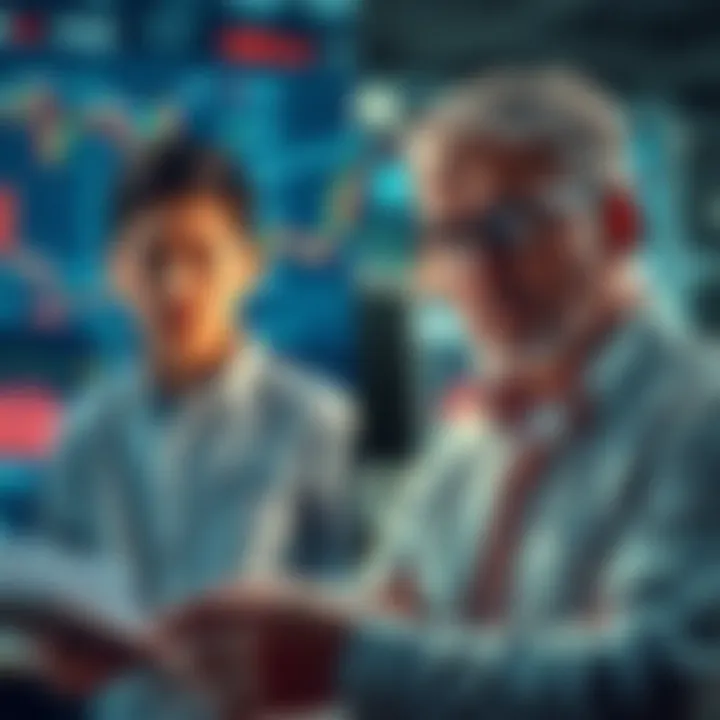 A split image showing a rookie investor looking concerned with charts and graphs, while a veteran trader confidently analyzes data with a calm demeanor.